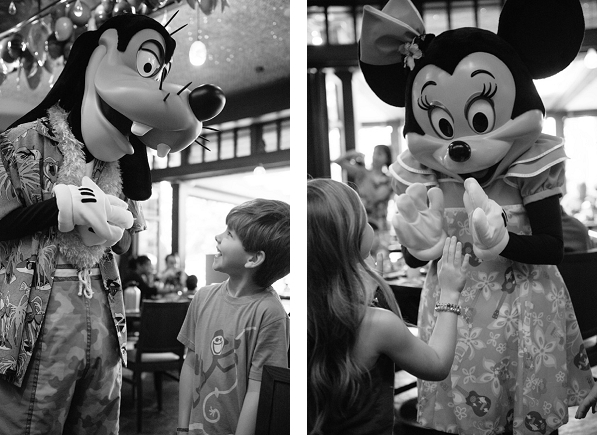 Boy greeting Goofy at a Disney Character Breakfast at Aulani.