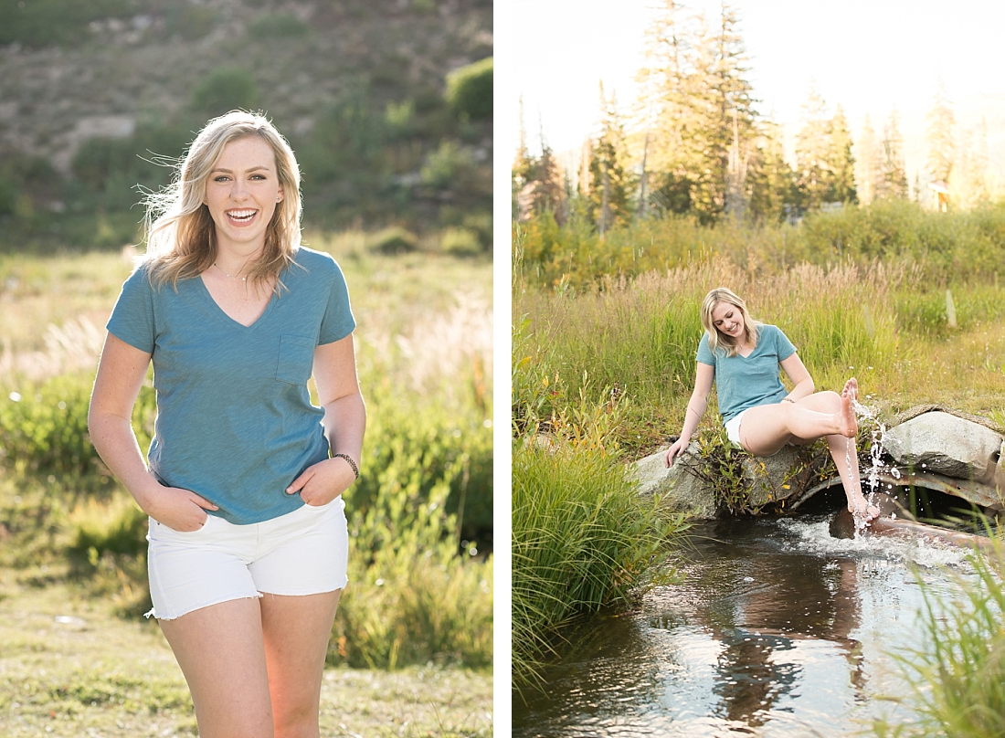 Amanda Nelson Photography senior portraits of a girl sitting on a rock kicking water out of a stream barefoot