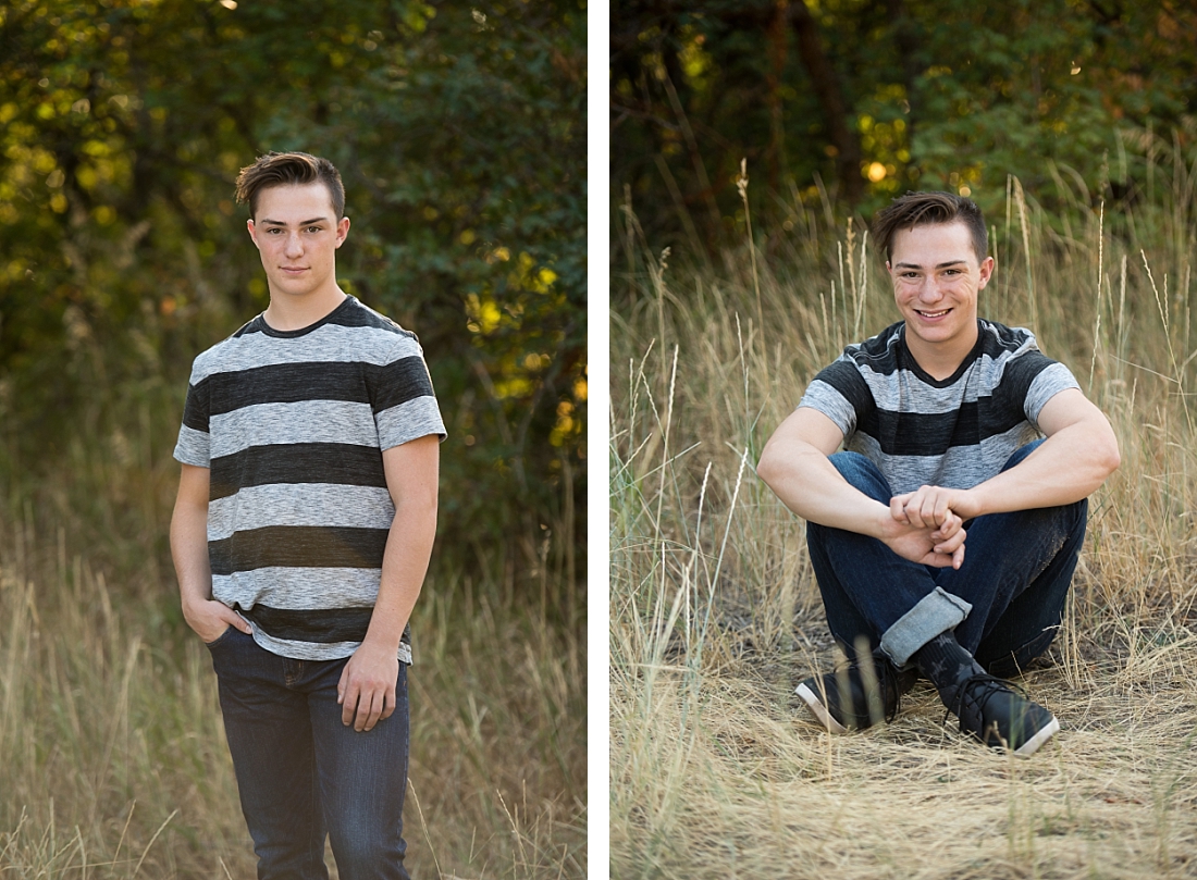 Waterford Senior Portraits boy in striped sweater sitting in tall golden grass