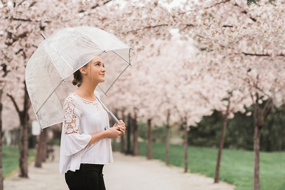 Girl in white shirt and umbrella on a pathway lined with pink blossoms