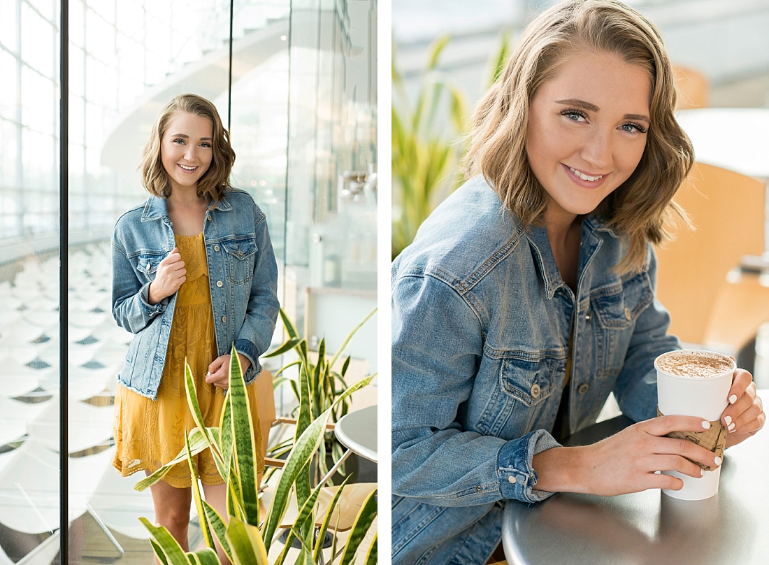 Amanda Nelson Photography. Senior Portraits in a coffee shop with girl wearing yellow skirt and a jean jacket