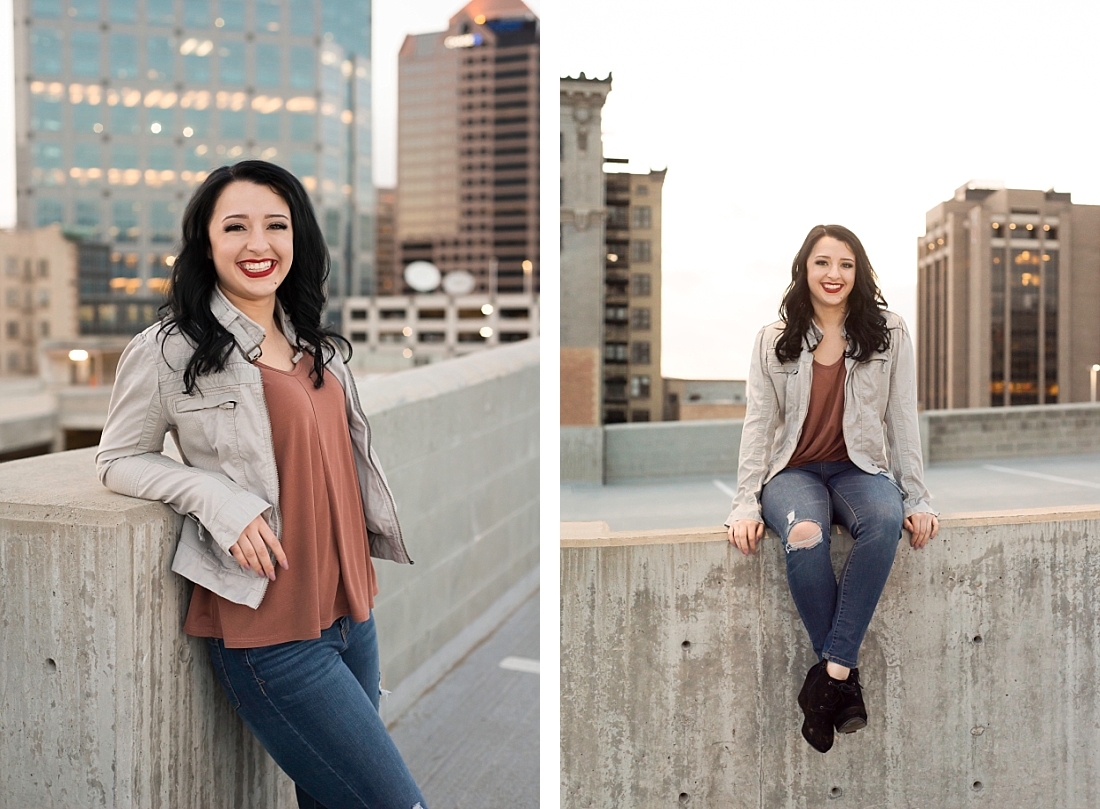 Amanda Nelson Photography senior portraits of girl in tan jacket on a rooftop downtown salt lake city