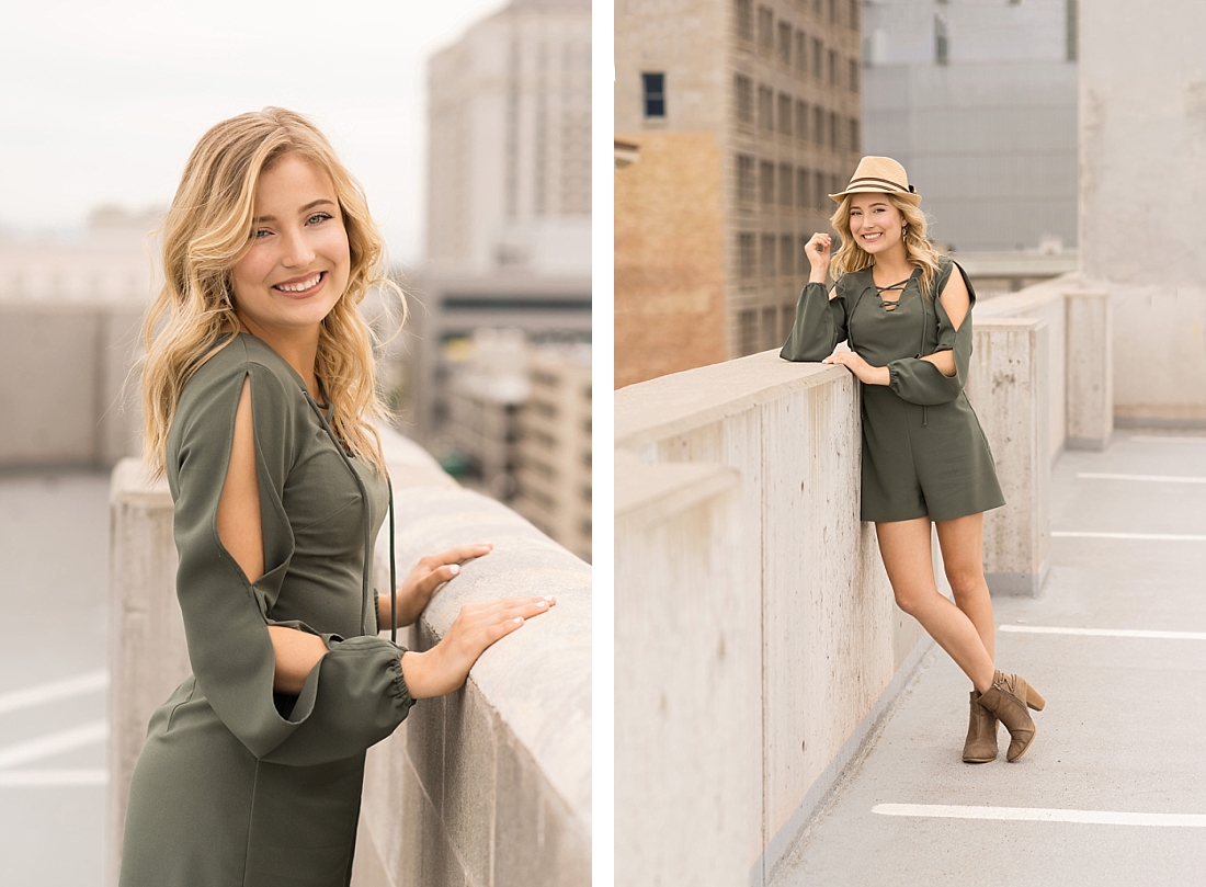 girl in olive romper on a rooftop downtown salt lake city