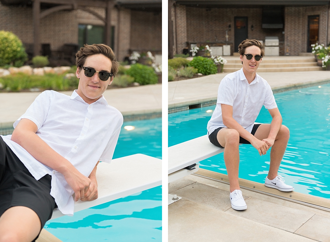 utah senior portraits boy sitting by pool with sunglasses