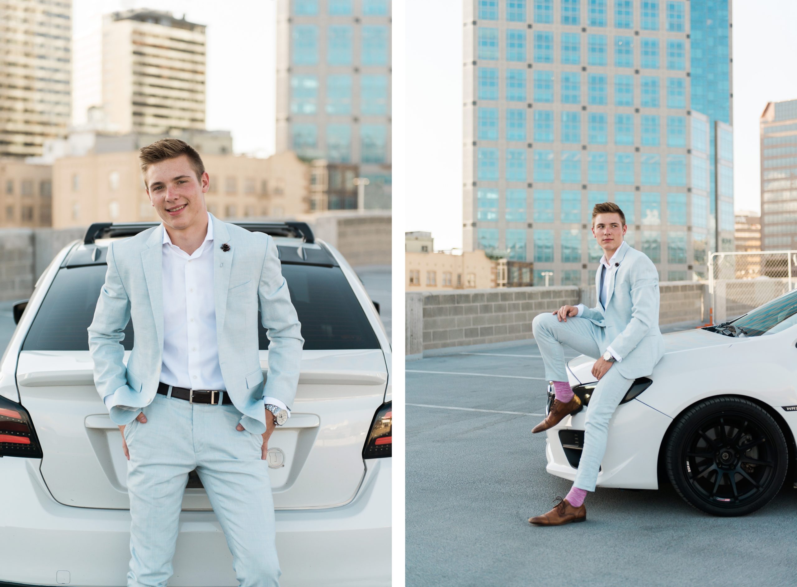 High School senior in blue suit. White Subaru car on rooftop. Amanda Nelson Photography