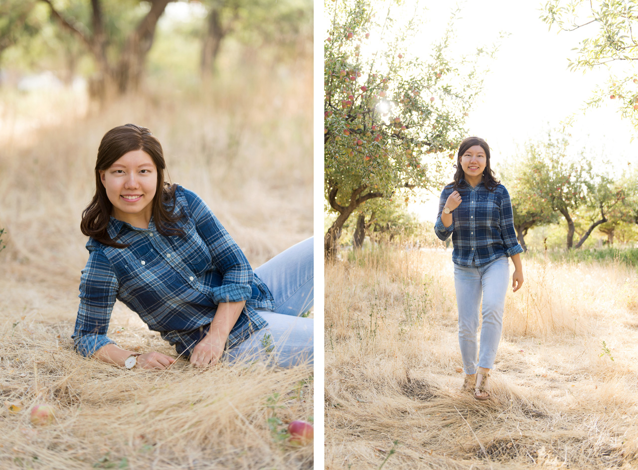 waterford school senior portraits of girl in blue plaid shirt in apple orchard