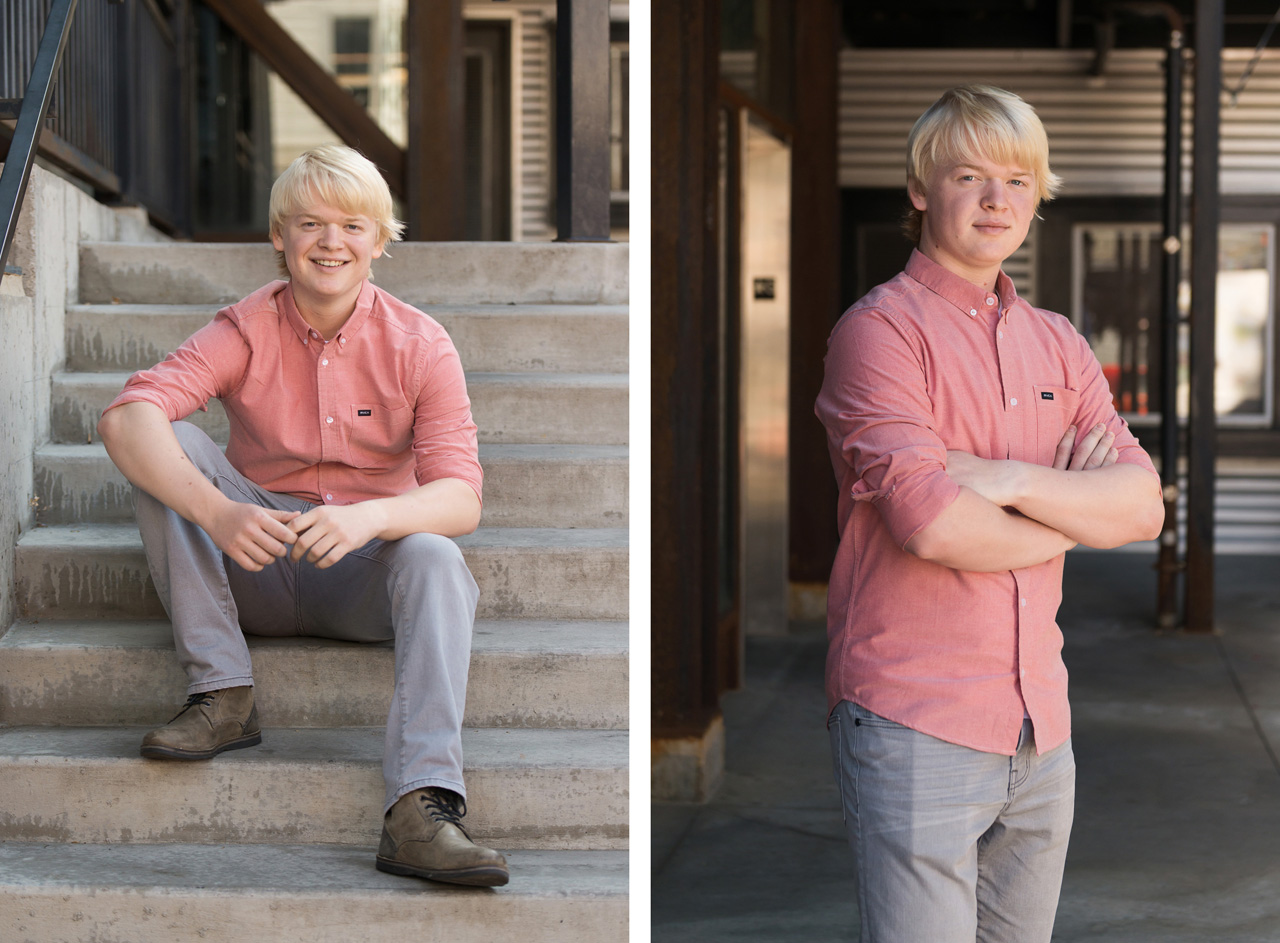 Park City Senior Portraits on a cement stairway and next to iron support beams.