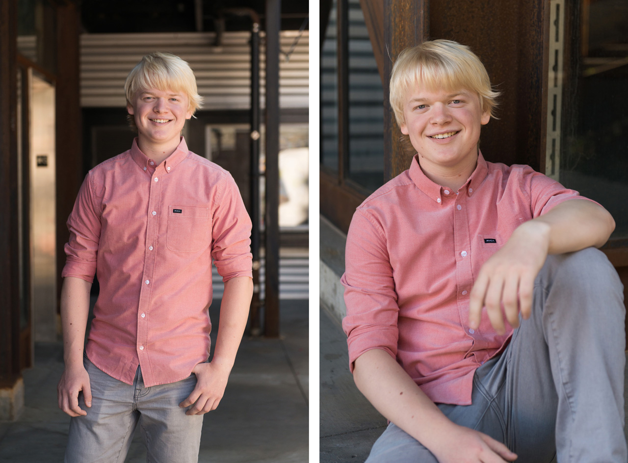 Waterford School senior portraits in Park City. Sitting and standing next to iron support beams.