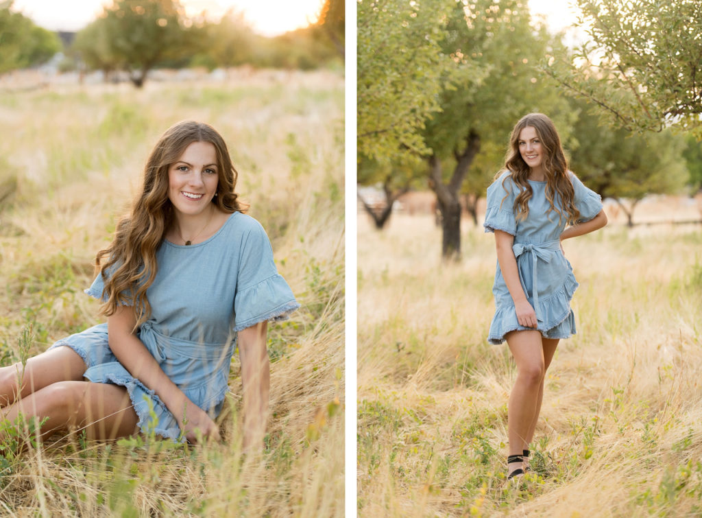 annabelle reed wearing blue dress in apple orchard