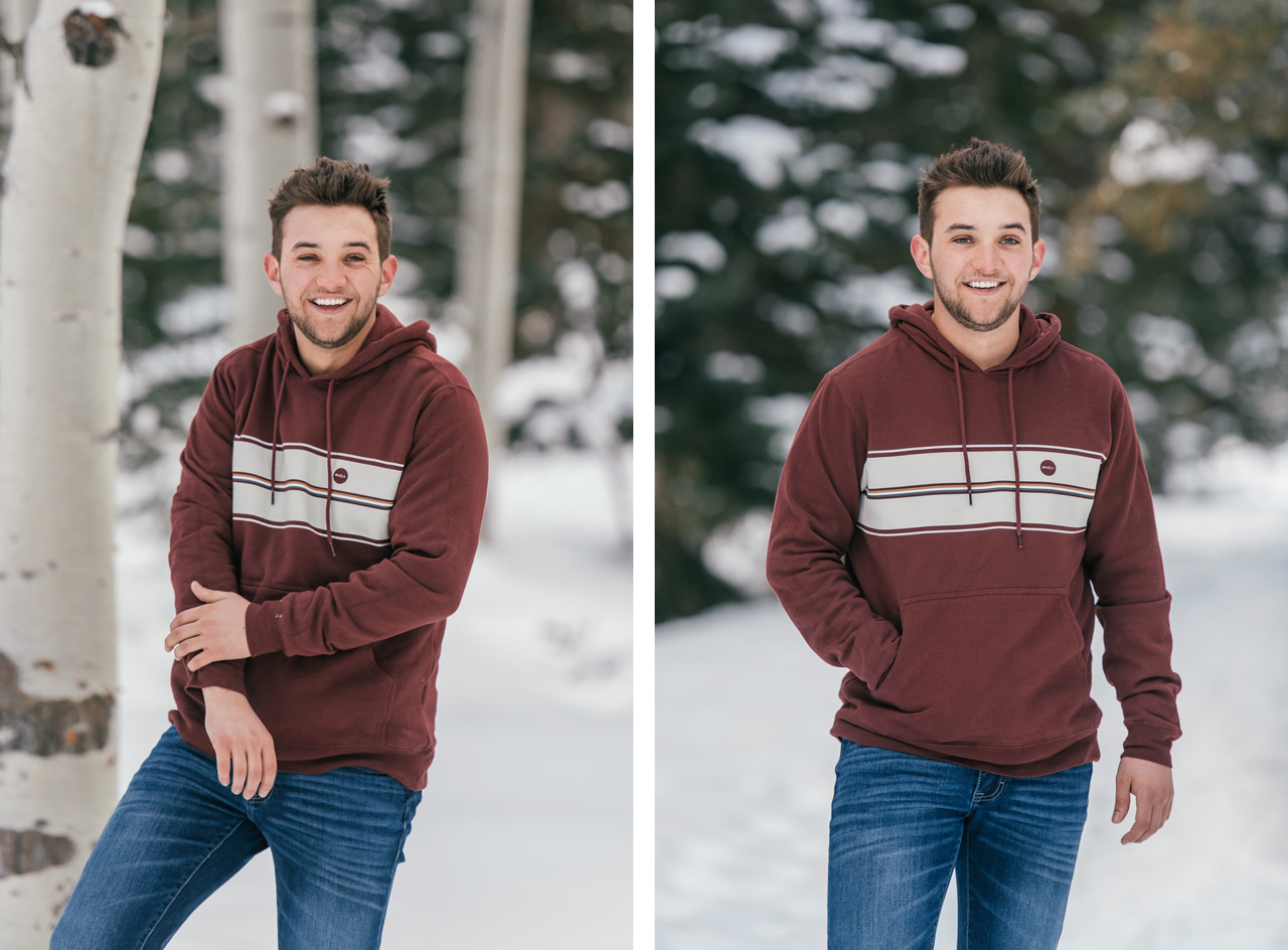 boy in maroon hoodie in the snowy mountains