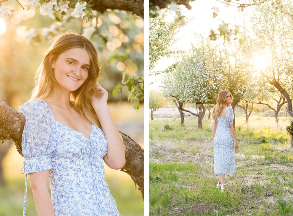 Girl in blue dress in blossoming orchard