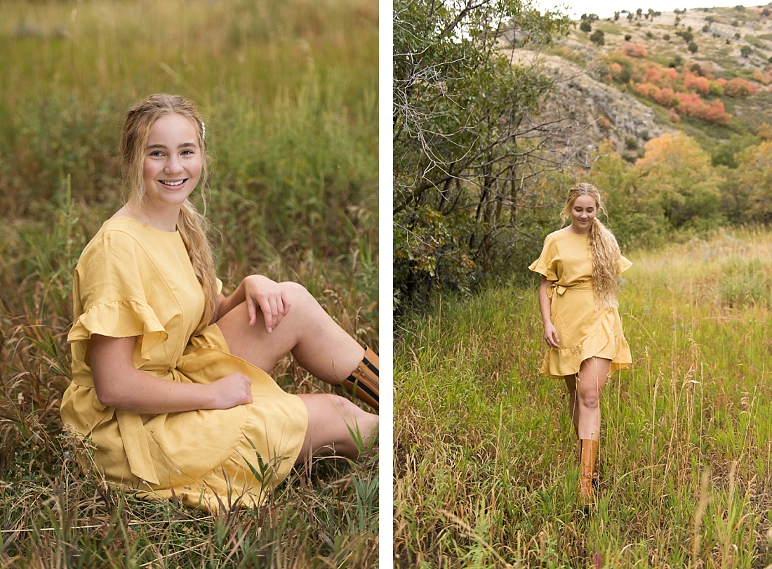 girl wearing yellow dress and brown tall boots walking through grass