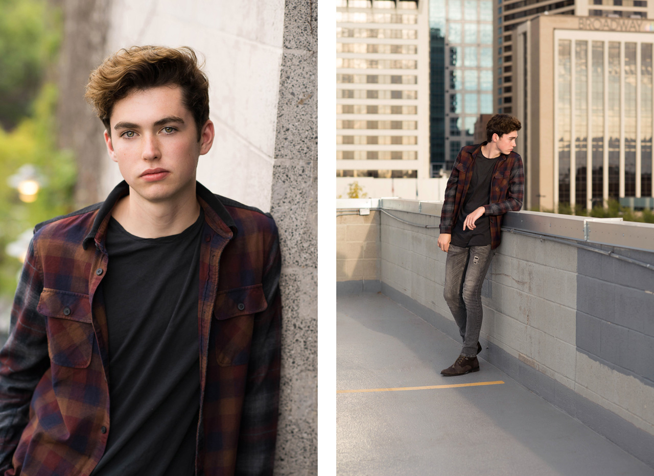waterford senior boy wearing plaid button up shirt on a rooftop