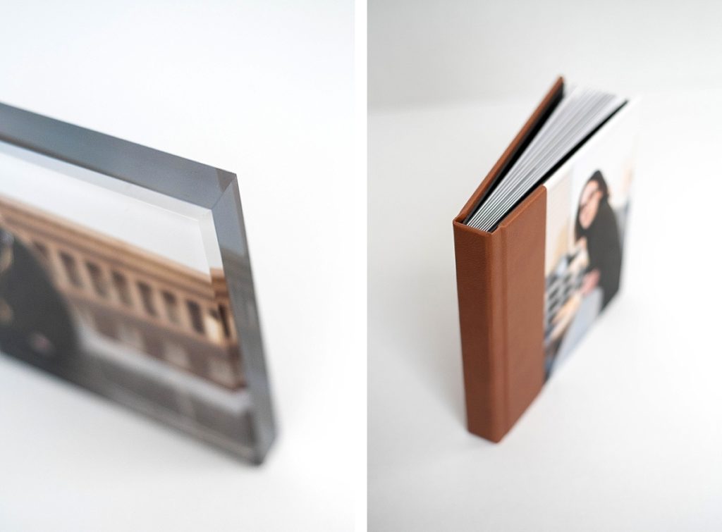corners of an acrylic block and an album