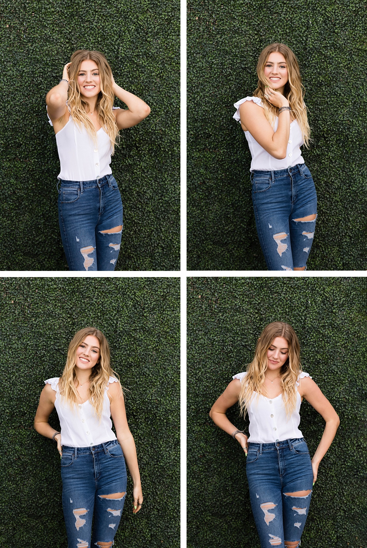 Girl with white tank top and skinny ripped jeans in front of a grass wall