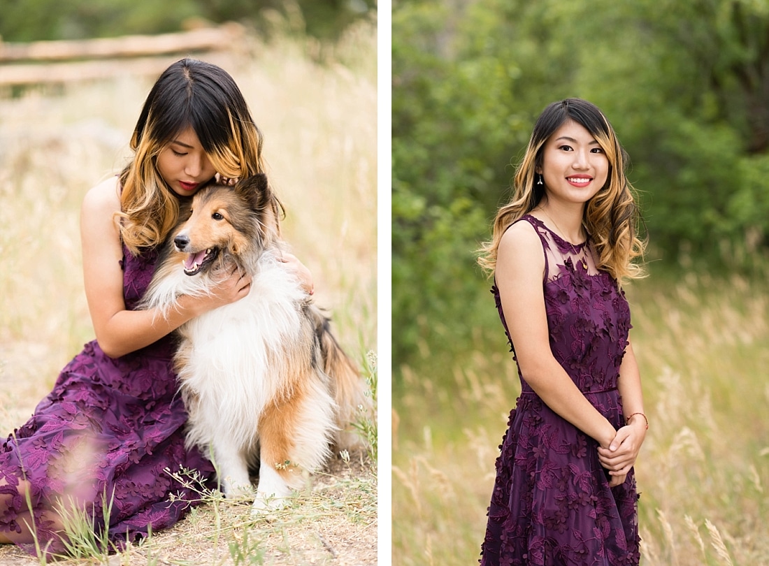 Girl in a plum dress hugging her collie dog