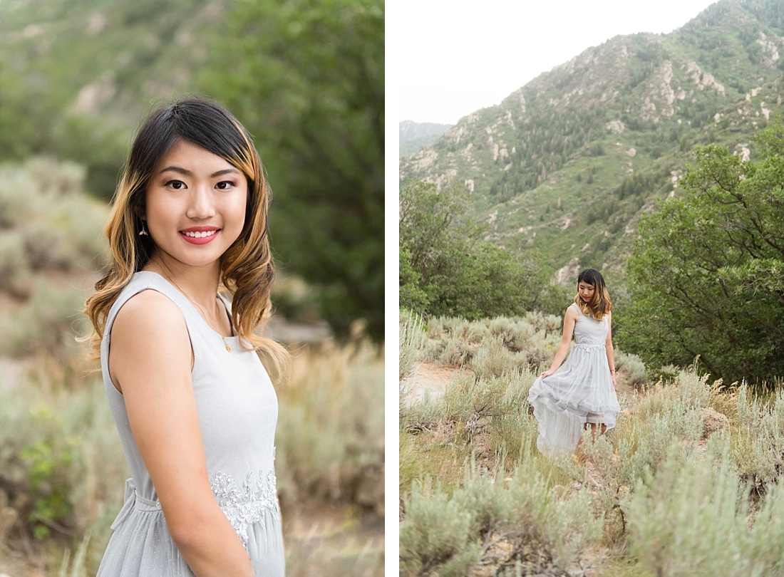 Girl wearing a silver sleeveless dress in a sage brush field in the mountains.