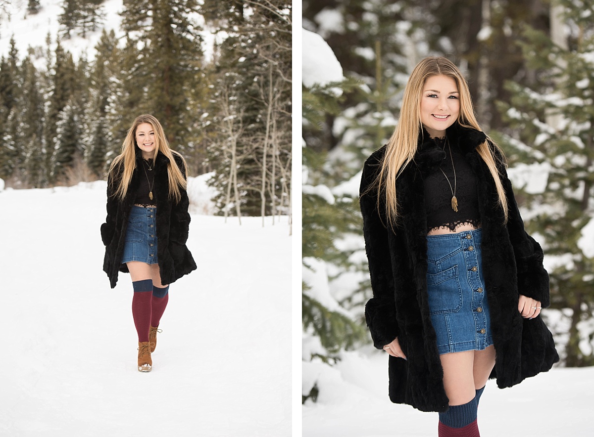 Girl in jean skirt and black fur coat in the snow