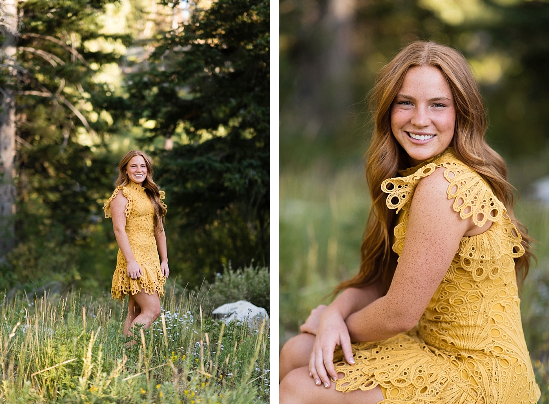 Farmington High School Senior Portraits girl in yellow eyelet dress in pine trees. Amanda Nelson Photography