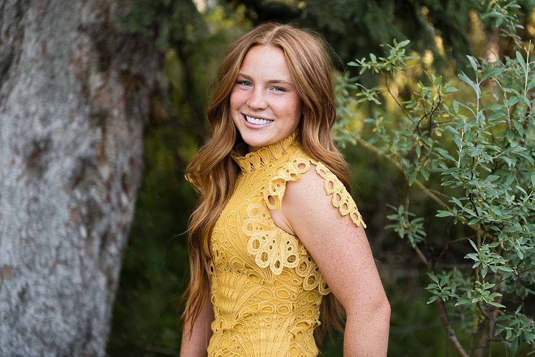 Farmington High School Senior Portraits girl in yellow eyelet dress in pine trees. Amanda Nelson Photography