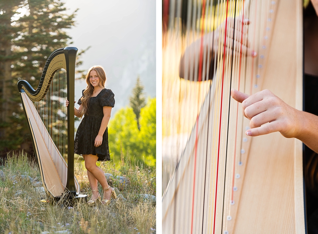 Senior pictures with a Farmington High School graduate playing her harp in the mountains.