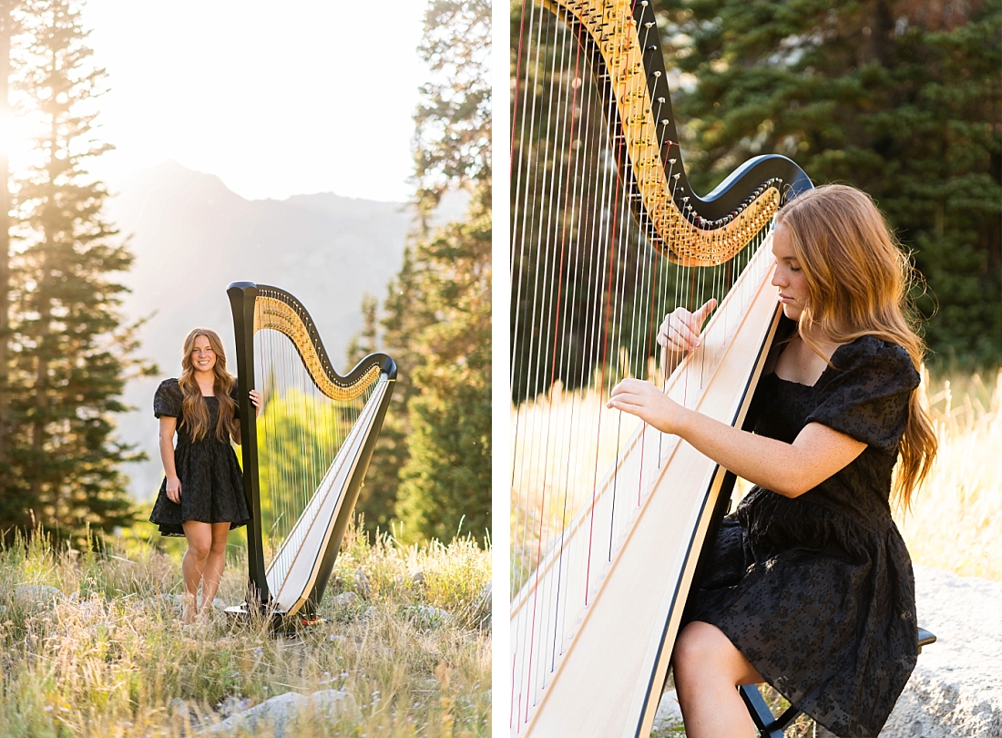 Senior pictures with a Farmington High School graduate playing her harp in the mountains.
