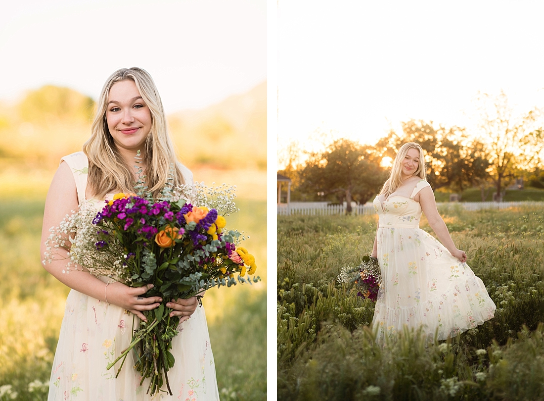 AmandaGreen_0001 girl in white dress in a field holding a bouquet of flowers